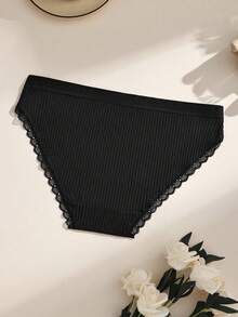 3pcs Solid Color Cotton Women's Underwear, Bow Lace Patchwork Ribbed Hipster Briefs, Comfortable Ladies Panties - Multicolor - View 5