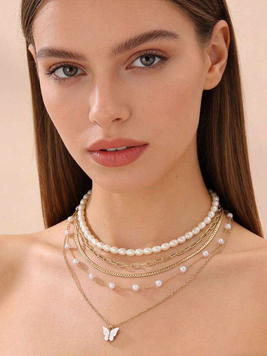 Bộ 5 chiếc/Bộ vòng cổ nhiều lớp hình bướm ngọc trai giả thời trang và thanh lịch, đa năng cho trang phục hàng ngày và hẹn hò - Nhiều màu - Xem 1