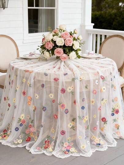 1pc 145cm*90cm Floral Embroidered Sheer Table Runner, Romantic Style, Suitable For Wedding, Bridal Shower, Wedding Party Decor, Wedding Gift, Daily Use, Festivals, Hotels, Birthday Parties, Home Decor, Photography Backdrop, All Seasons