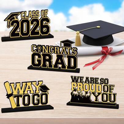 4pcs-Black And Gold Graduation Decorations 2026 Wooden Dining Table Centerpiece 2026 Graduation Table Decorations Graduation Ceremony Tiered Tray Decorations Congratulations Graduation Party Decorations