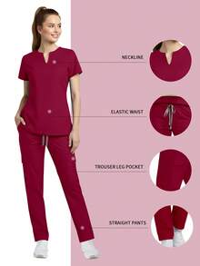 2pcs/Set Women Nurse Scrub Set, Top + Pants With Pockets, /Surgery Room/Beauty Salon Work Wear Spring Red - Red - View 2