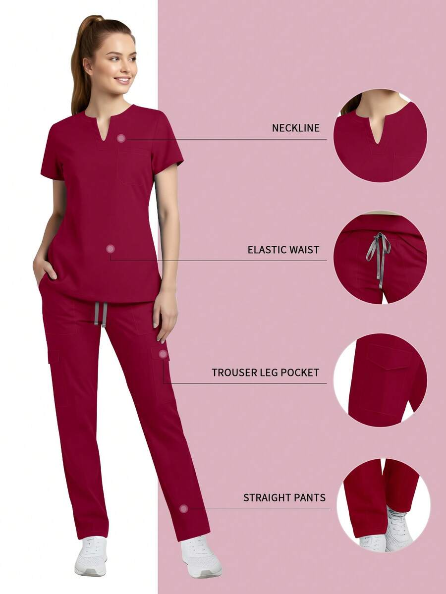 2pcs/Set Women Nurse Scrub Set, Top + Pants With Pockets, /Surgery Room/Beauty Salon Work Wear Spring Red