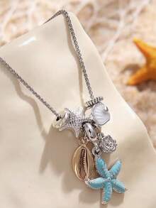 Colar com pingente de estrela-do-mar e concha com tema oceânico, cravejado de strass (1 peça) - Joia de aço inoxidável para meninas, ideal para o dia a dia, viagens, festas e passeios casuais. Resistente e perfeito para usar no dia a dia, em férias e em viagens. - Multicolorido - Ver 2