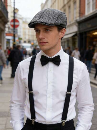 Accesorios de hombre de los años 20 - Sombrero Fedora estilo gangster, tirantes en Y y corbata de moño pre-anudada, conjunto de estilo Manhattan para hombres de los Años Locos 20