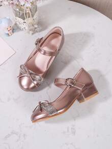 New Girls' Princess Shoes With Rhinestone Bow High Heel Shoes, Dance & Party Wear - Champagne - View 3