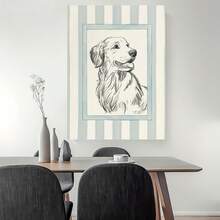 Impresión Artística de Golden Retriever 2D Plano, Ilustración Inspiradora en Lienzo a Rayas, Decoración Divertida para Hogar, Dormitorio, Cocina, Sala, Baño o Oficina, Póster de Lienzo para Hotel y Café, Arte Canino Transicional - Enmarcado - Ver 3