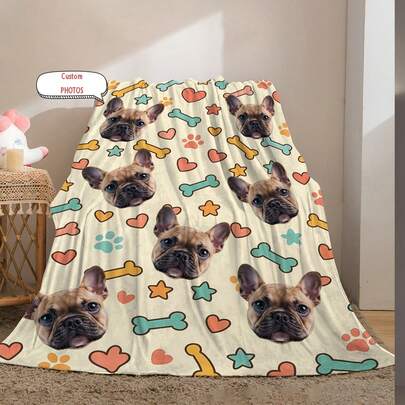 Personalized Photo Blanket, Customized Pet Face Photo - Machine Washable, Polyester Fabric, All-Season, All-Weather, Modern Style Multipurpose Digital Printed Blanket, Suitable For Sofa, Bed, Car, Tea Room, Bedroom, Bathroom, Living Room, Dining Room, Office, Etc.