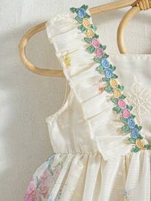 Baby Girl Colorful Floral Ruffle Strap Contrast Mesh Princess Dress, Vintage Style Suitable For Vacation & Beach, Summer - Apricot - View 5