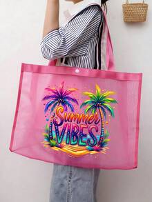 大容量網格沙灘托特包，印有「Summer Vibes」圖案，可折疊輕便防水防沙肩背托特包，透氣可重複使用，附贈配套化妝包，多功能收納包，可存放毛巾、防曬霜、泳衣、零食和化妝品，時尚夏季度假包，適用於海灘、郵輪、泳池、野餐、健身房、工作和其他場合，生日、節日、返校的完美禮物 - 彩色 - 查看 15