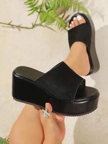 宽楦女士夏季厚底坡跟凉鞋，高跟防水厚底派对休闲露趾绑带时尚假日凉鞋 - 黑色 - 查看 5