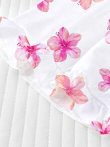2pcs/Set Wearable Tween Girl Pajama Set, Hawaiian Floral Print, Soft Fabric, Short Sleeve Shirt With Collar & Button, Elastic Shorts, Cute & Fashionable Sleepwear For Holiday Party, Outdoor & Indoor Wear - White - View 8