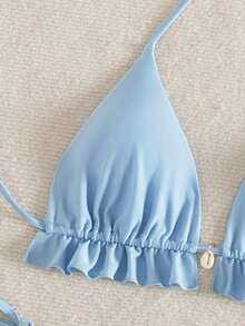 Swim Mod Women's Swimsuit, Two-Piece Bikini Set With Halter Neck, Ruffles And Bow In Solid Color For Summer - 藍色的 - 查看 5