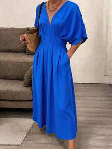 女士春夏法式优雅皇家蓝纹理V领蝙蝠袖收腰露背连衣裙，适合办公室、度假、婚礼等场合 - 藍色 - 查看 3