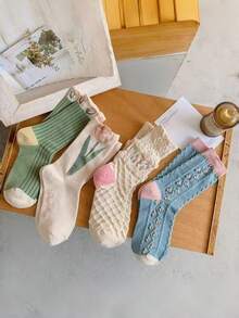 2/4 双装新款秋冬郁金香花卉系列百搭女士中筒袜 - 白色 - 查看 1