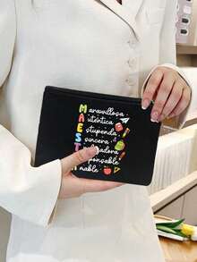 1pc Multi-Color Maestra Letter & Rainbow Apple Print Cosmetic Bag, Cute Large Capacity Storage Pouch, Daily Toiletry Makeup Bag, Multifunctional Storage Bag, Lightweight Travel Handbag, Beach Bag, Elegant Gift, Travel Souvenir For Friends, Essential Travel Storage Bag, Commuting, Back To School, Travel, Picnic, Camping, Outdoor Adventure, Perfect Mother's Day, Teacher's Day, Birthday Gift - Multicolor - View 6
