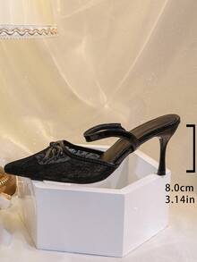 Sandalias de tacón alto con punta puntiaguda y cristales negros para mujer, elegantes tacones altos con lazo para fiestas de noche, trabajo - Negro - Ver 8