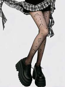 1双女士夏季星座星形印花透视网眼紧身裤，朋克哥特风透视丝袜，适合夜店角色扮演 - 彩色 - 查看 3