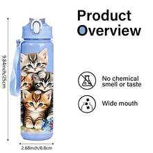 1 pieza Botella de agua deportiva de 750ml/26oz con diseño impreso en 3D de gato, 5 opciones de color, con correa de asa para transportar fácilmente, compacta y ligera, adecuada para exteriores, viajes, campamentos, escuela, oficina, excelente regalo de Navidad o cumpleaños - Multicolor - Ver 3