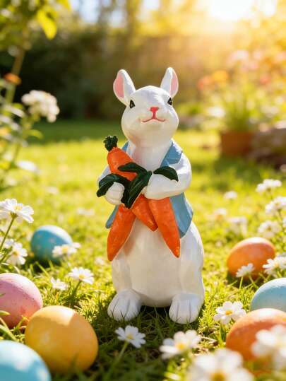 Easter Bunny Statue With Carrots, Resin Rabbit Figurine For Outdoor Garden Decor, Cute Spring Rabbit Sculpture Ornament For Patio, Lawn, Yard, Flower Bed, Easter Egg Hunt Party Decoration, Hand-Painted Animal Figurine Home Decor Gift For Bunny Lovers, Weather-Resistant Garden Art For Spring & Easter Celebration