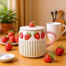 1pc Cute Fruit Relief Design Ceramic Mug, 550ml/18.61oz Juice Cup For Sweet Girls, Strawberry, Blueberry, Lemon, Peach Milk Cup, Coffee Cup, Suitable For Summer And Winter Drinks, New Year, Valentine's Day Holiday Gift - Multicolor - View 6