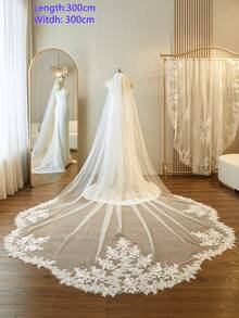 Applique Wedding Bridal Veil 118" Cathedral Length 1 Tier Soft Tulle Vintage Lace Edge With Metal Comb Ivory - Beige - View 7