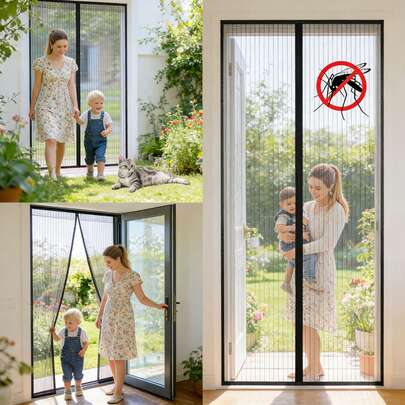 1pc Magnetic Fly Screen Door, Black Polyester Magnetic Automatically Seal Hands Free Anti Mosquito Net Fly Curtain Mesh With Powerful Magnets, For Balcony Living Room