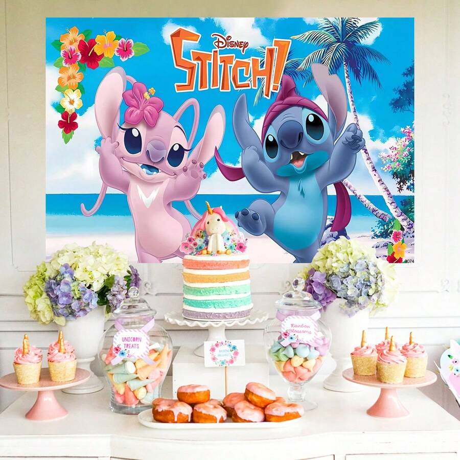 1pc Authorized Blue & Pink Stitch Theme Party Backdrop (210*150/150*100/100*75cm), Cartoon Monster Stitch Beach Background, Suitable For Newborn Party, Theme Party Wall Decor Props - BJB - View 1