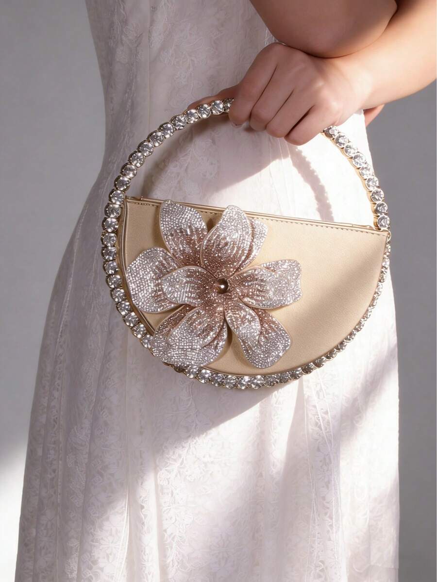 Round Diamond Hoop Leather Floral Handbag, Fashion Women's Evening Party Wedding Gift Clutch - Gold - View 1