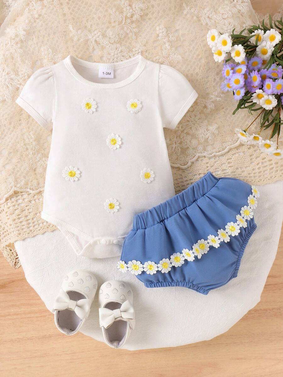 2件套女婴可爱碎花短袖连体衣+短裤套装，轻薄夏季 - 白色 - 查看 1