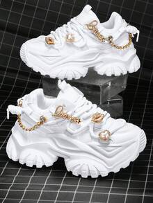 女款白色大尺碼 7CM 厚底粗跟運動鞋，EVA輕量鞋底，可拆卸 LOVE 水鑽愛心金屬鏈條，粗鞋帶，透氣四季戶外休閒滑板鞋 - 白色 - 查看 14