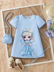 Young Girl' Fashionable Casual Cute Princess Pattern Print Mesh Decor Dress + Adorable Gift Bag - Baby Blue - View 1
