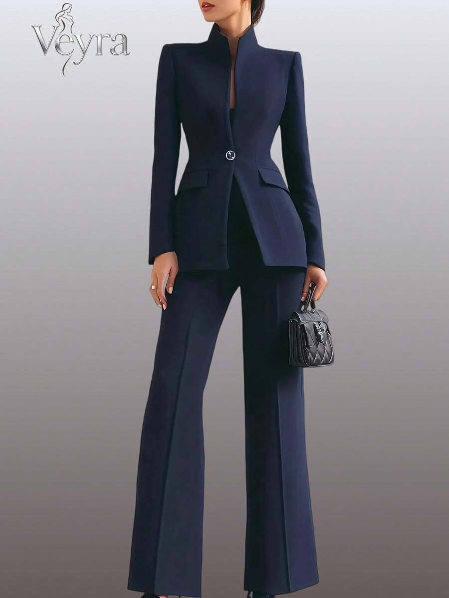 Veyra Women's Stand Collar Single Breasted Slim Blazer & Flared Pants Formal Work Set - 深藍色 - 查看 1