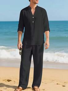 Men's Linen Casual 2 Piece Outfits Long Sleeve Lapel Shirt & Long Pants Set Loose Fit V Neck Tops Breathable Beach Vacation Daily Streetwear Arrival - 卡其色 - 查看 9