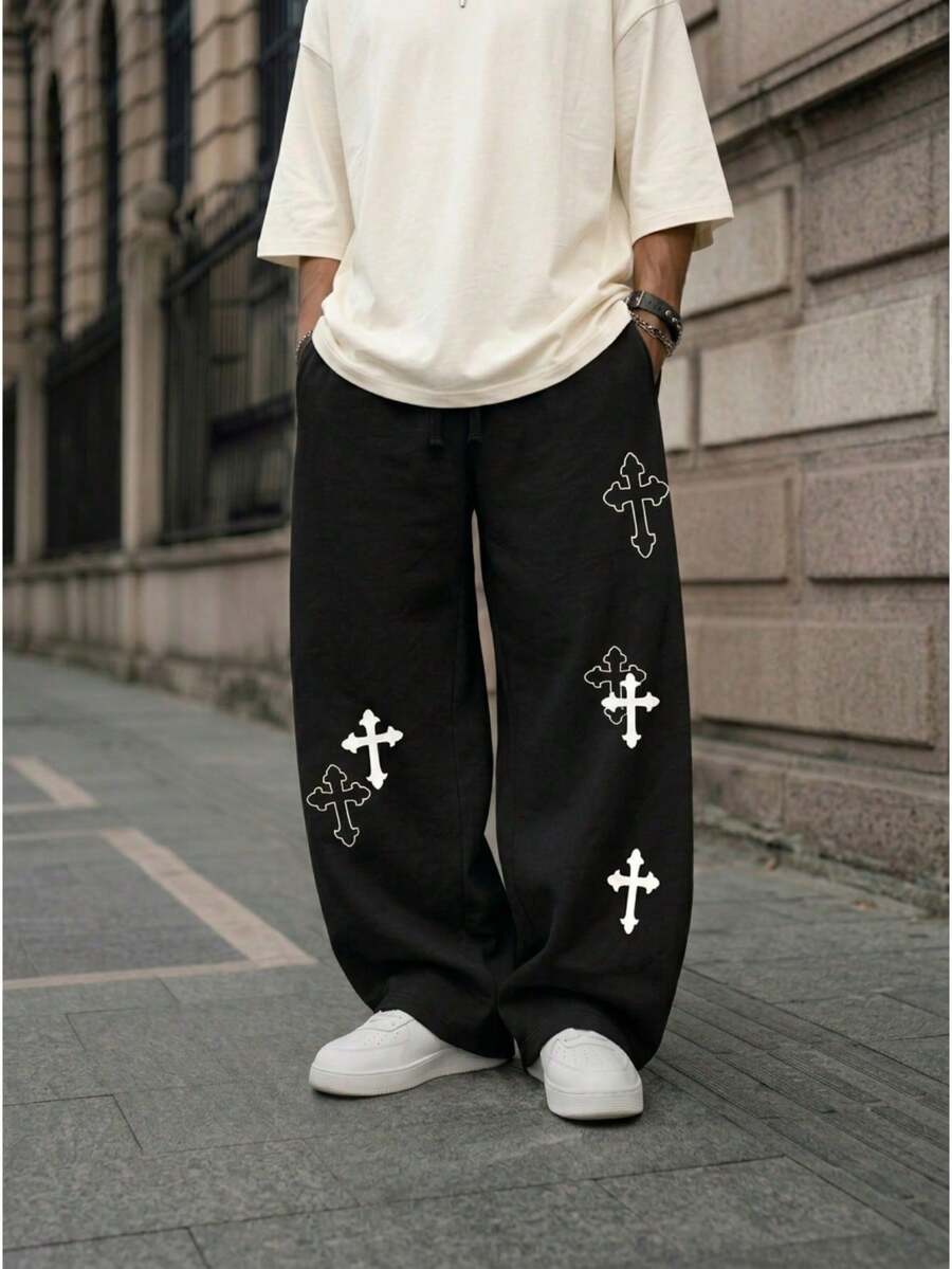 Men's Crux Gothic Y2k Straight Leg Pants, Casual Streetwear, 100% Premium Cotton - 黑色 - 查看 1