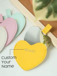 1 pieza Espejo compacto personalizado con nombre de acero inoxidable, espejo monograma personalizado con forma de corazón a prueba de roturas, con funda de piel sintética, mini espejo portátil irrompible para maquillaje, bolso, viaje, mejor regalo para boda para mujeres y niñas - transparente - Ver 2
