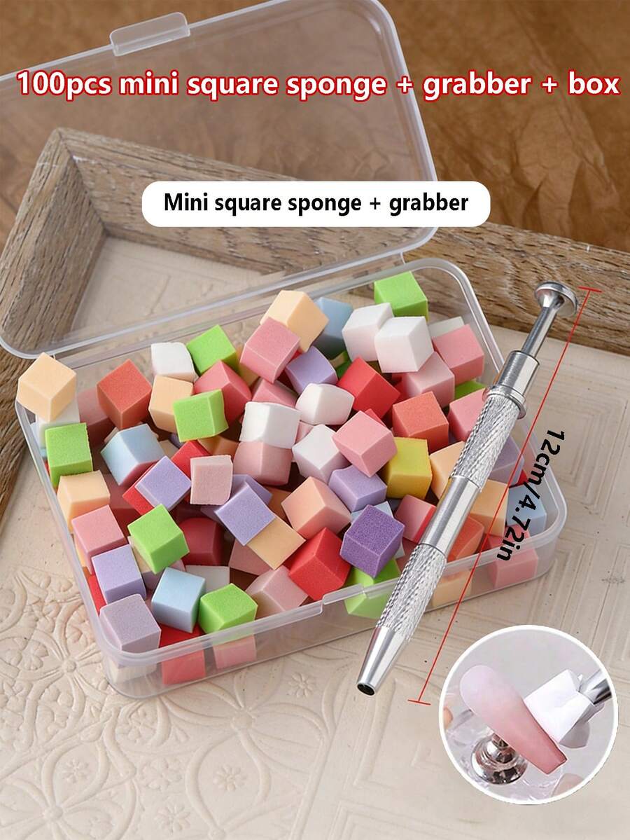 100pcs Mini Sponge Blocks With 4-Claw Clips, Manicure Tools, Nail Polish, Gradient Color Gel, Nail Gel Sponge