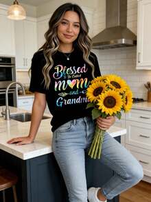 To Be Called Mom And Grandma Rainbow Watercolor Print Women's T-Shirt Casual Loose Fit Top Mother's Day Gift - 黑色 - 查看 3