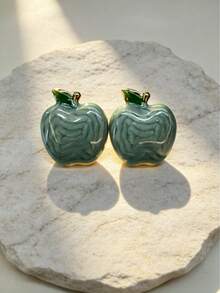 1 par de pendientes de botón elegantes y de lujo vintage con forma de manzana de esmalte verde para mujer, pendientes de fruta lindos adecuados para uso diario y regalos de vacaciones - Multicolor - Ver 4