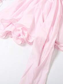 Fairycore Baby Pink 3D Flower Decor Tie Front Romper, Elegant Lantern Sleeve Fluffy Hem Mini Dress, Sweet Party Outfits For Women Vestidos Elegantes De Mujer - Hồng - Xem 5