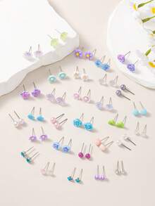 30 pares de juego de aretes elegantes y multicolor surtidos, con diseños de flores, corazones y moños, adecuados para citas, viajes y diversas ocasiones, regalo de joyería para amigos - Multicolor - Ver 2