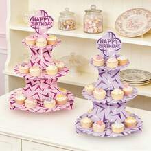 1pc Purple Lightning & Pink Cupcake Stand, Music Birthday Party Decor, Cake Topper, Cupcake Stand & Dessert Table Tray, 3-Tier Cupcake Stand Birthday Party Decoration - View 3