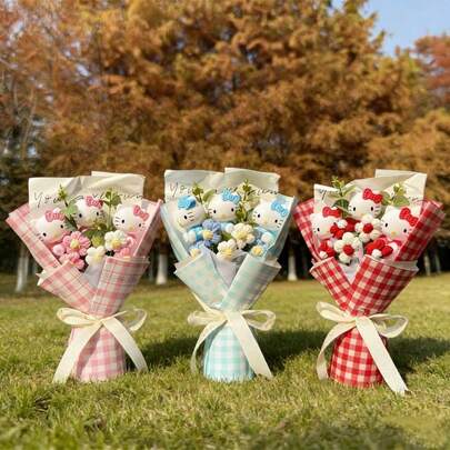 SANRIO Hello Kitty格子针织人造花束，Hello Kitty人造花束，母亲节、情人节、毕业典礼、返校季礼物，户外野餐拍照道具，节日装饰