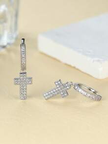 Vanel 1Pair Luxury Silvery Cross Paved Cubic Zirconia Earrings, Religious Leverback Hoop Design, Fashion Statement Jewelry, Elegant Jewelry Gift For Her - Silver-white - View 5