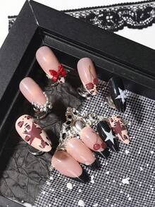 24pcs Y2K Baddie Nails, 3D Rhinestone Decor Wearable Nails, Embossed 3D Bow, Cherry, Leopard Print False Nails, Removable Design, Full Coverage, Glossy Finish, Suitable For Women's Daily Wear. Includes 1 Nail File And 1 Jelly Gel - Multicolor - View 2