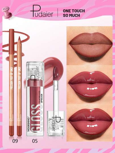 Pudaier 2 piezas Conjunto de lápiz delineador de labios y brillo de labios - Resistente al agua, de larga duración, alto pigmento - Regalo perfecto para mujeres, apto para uso diario, citas y fiestas