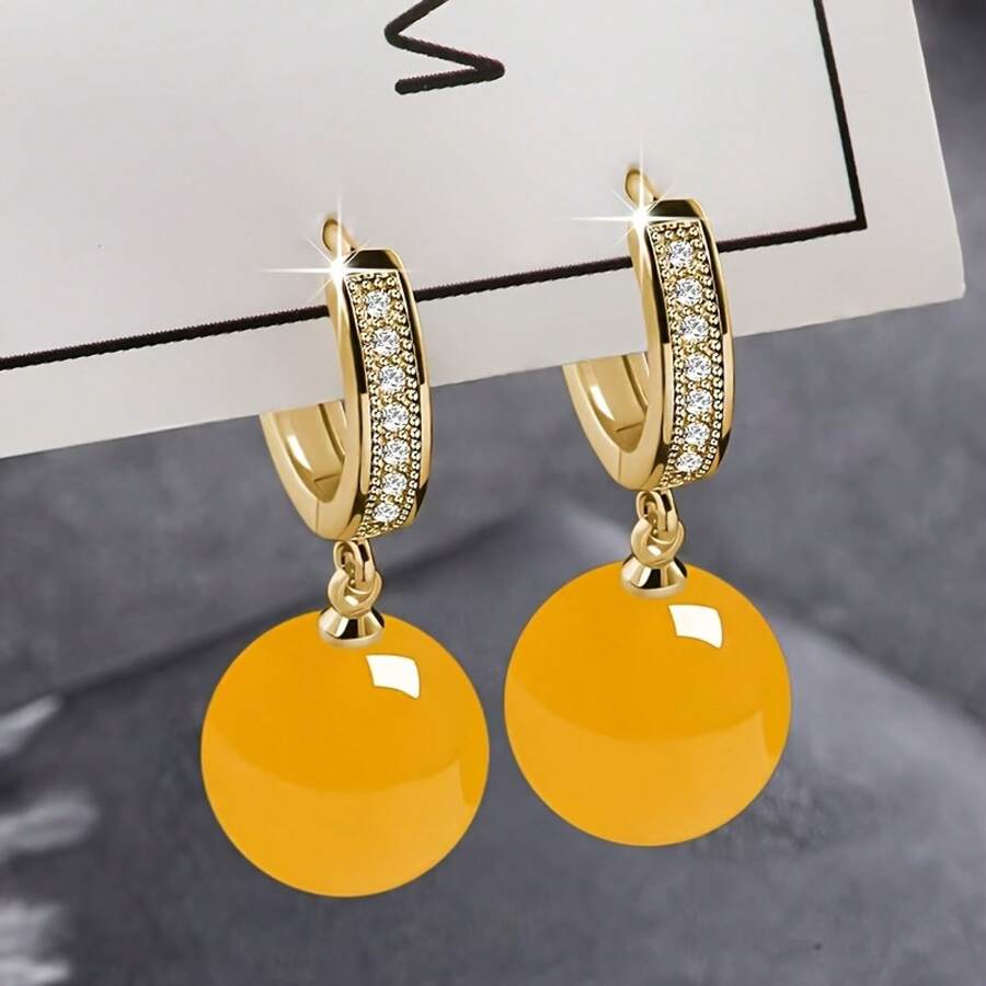 1Pair Elegant Stylish Minimalist Natural Agate Earrings, Multi-Color Round Bead Pendant Dangle Ear Jewelry, Chic Versatile Lightweight Earrings Perfect For Daily Wear, Office, Party, Vacation, Spring Summer & Holiday Gift - 紅色 - 查看 1
