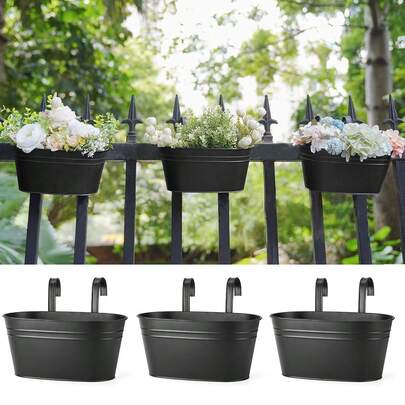 Railing Planter With Drainage Holes - Sturdy Bucket Pots For Railing Fence, Countryside Style Metal Flower Pots For Herbs Balcony Garden Yard Decor, Black