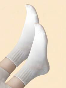 12 Pairs Women's Daily Casual Versatile Solid Color Vertical Ribbed Breathable Mid-Calf Socks - White - View 4