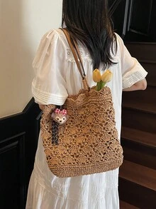 镂空花卉编织草编手提包，拉链封口，单肩手提包，度假风，沙滩通勤两相宜，大容量草编包 - 卡其色 - 查看 5