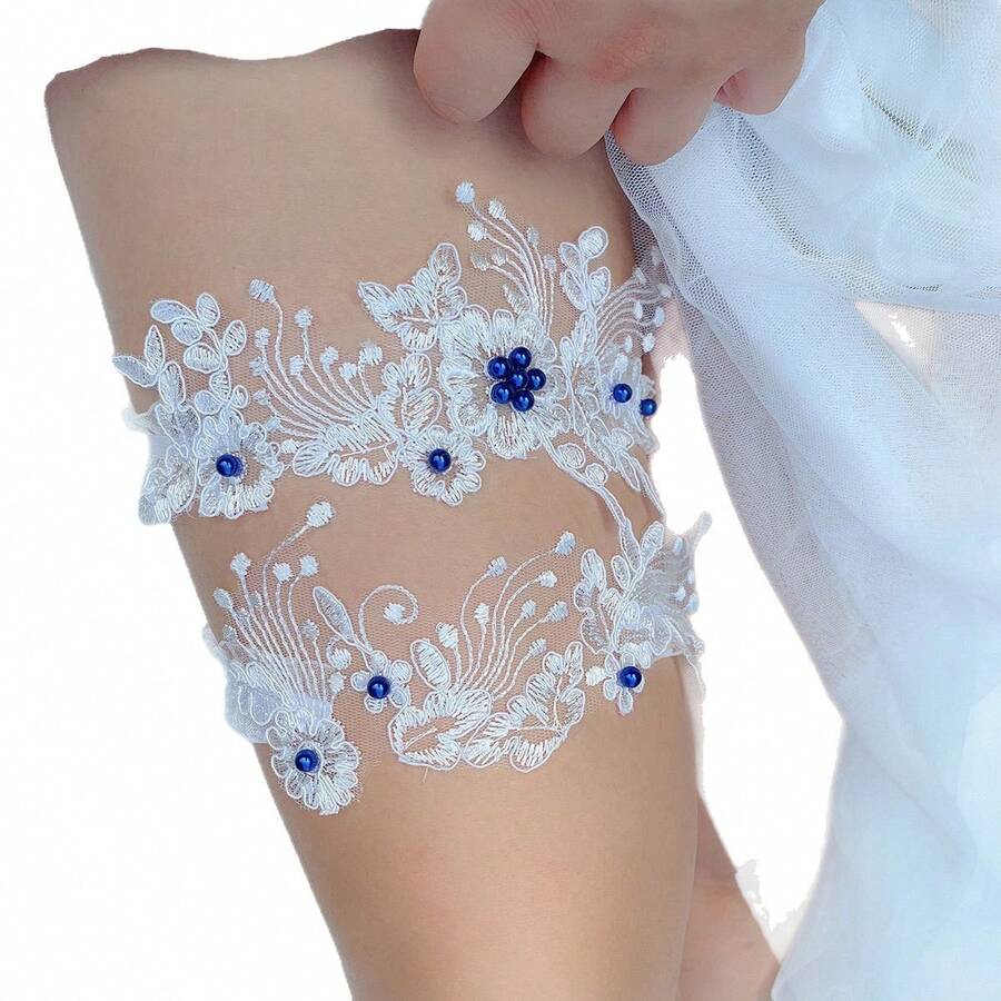新娘优雅蕾丝串珠吊袜带 - 藍色 - 查看 1